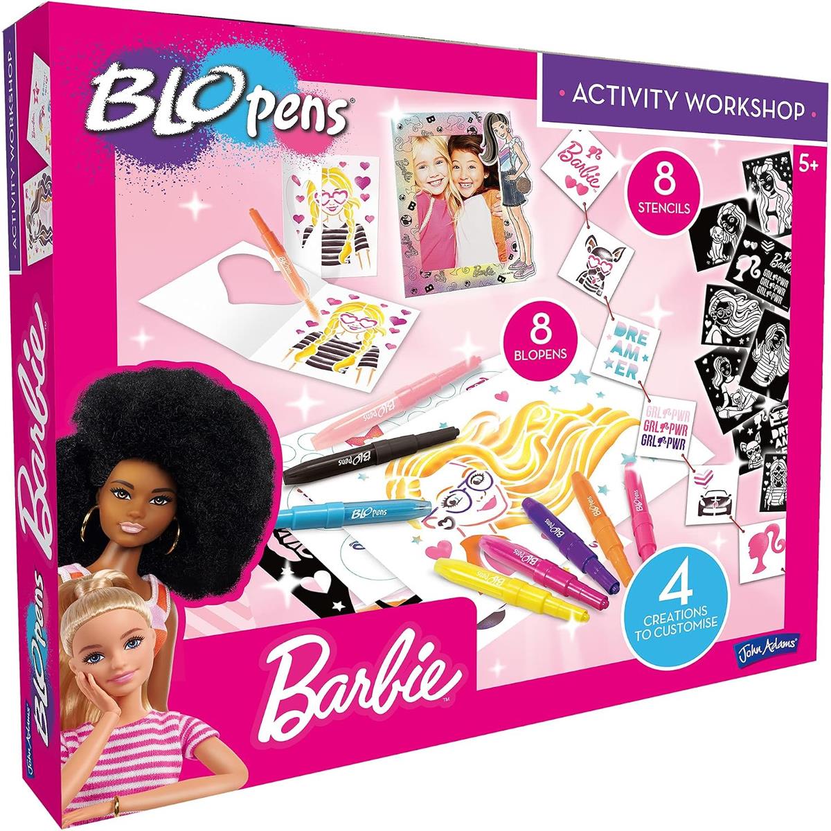 John Adams BLOPENS Barbie Activity Set 8 Airbrush Pens 8 Stencils 4 Customisable Creations Ages 5+