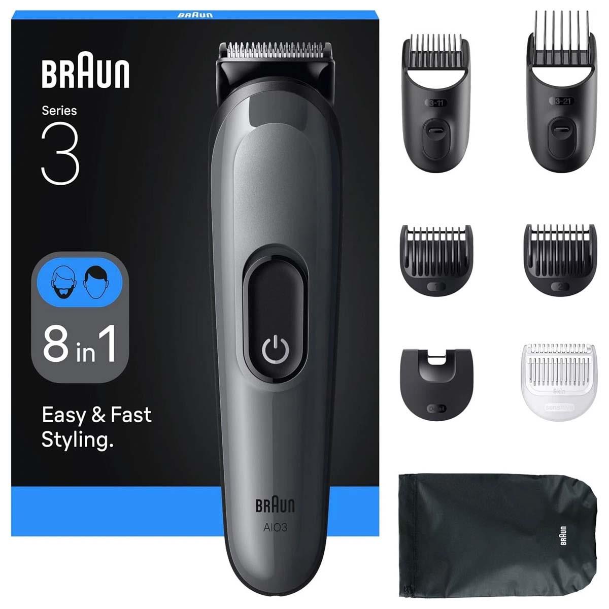 Braun All-In-One 3 Grooming Kit 8-in-1 Beard & Hair Trimmer, 14 Lengths 0.5–21mm, Cordless -Grey