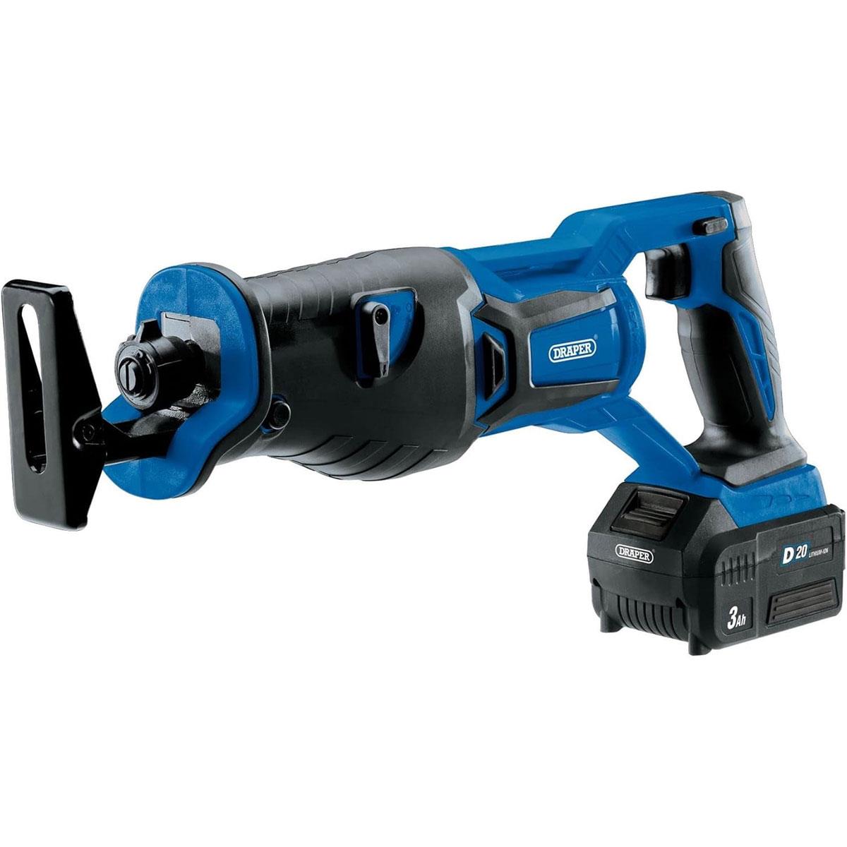 Draper D20 20V Brushless Reciprocating Saw 28mm Stroke 3.0Ah Battery 4A Fast Charger Wood & Steel Blades