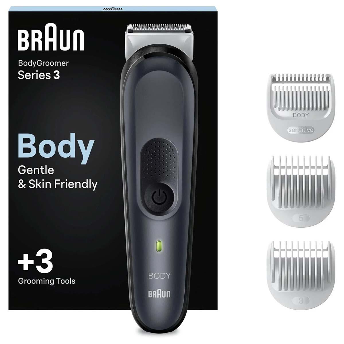 Braun Body Groomer 3 Men's Body Trimmer, Waterproof Wet And Dry, Sensitive Comb, 80min Cordless -Grey