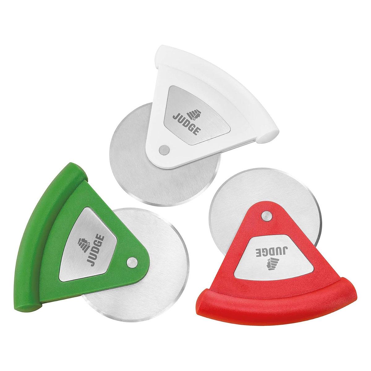 Judge Kitchen Pizza Rotella Stainless Steel Wheel Cutter Ergonomic Palm Grip Handle Assorted Red Green White Pack of 12