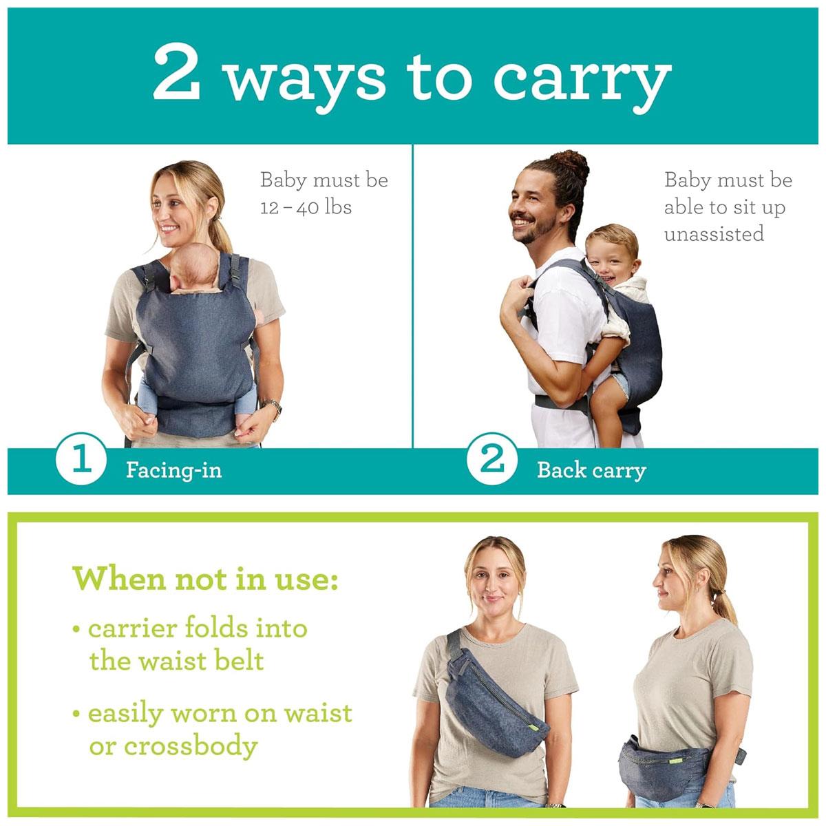 Infantino Fold & Go 2 in 1 Baby Carrier Grey Lightweight Adjustable Front & Back Carry 12-40 lbs - Image 3