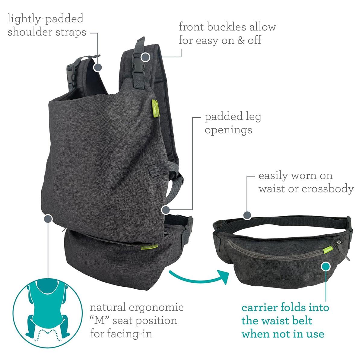 Infantino Fold & Go 2 in 1 Baby Carrier Grey Lightweight Adjustable Front & Back Carry 12-40 lbs - Image 5