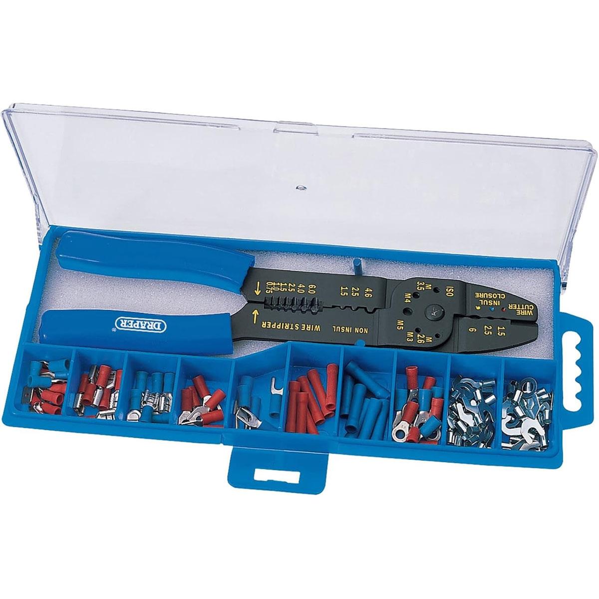 Draper 5-Way Crimping Tool & Terminal Kit 240mm Carbon Steel Blue with 100 Terminals