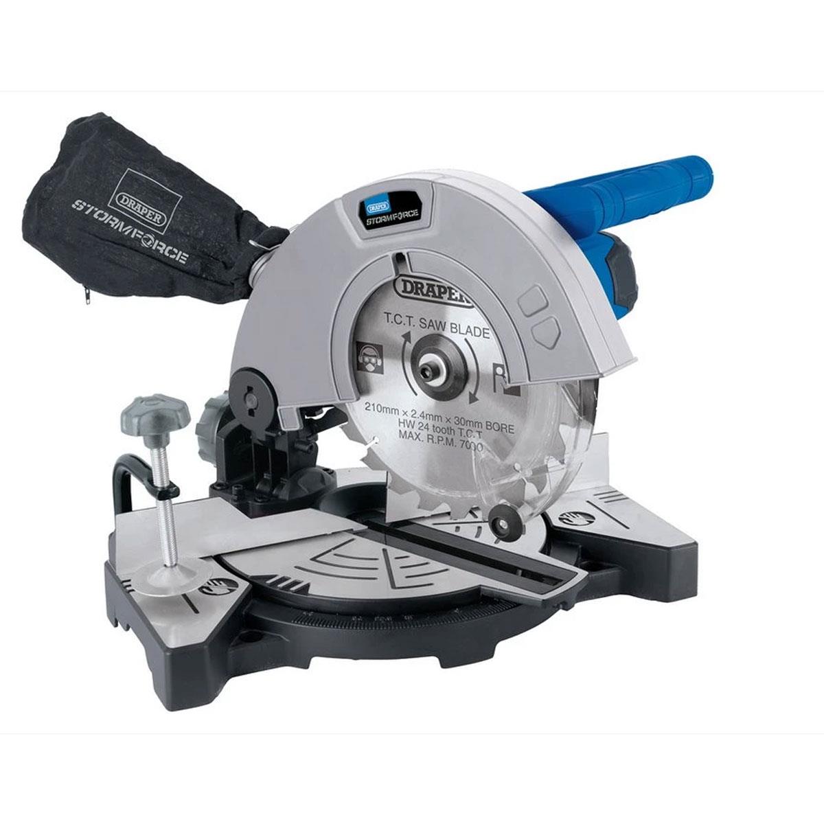 Draper Storm Force 210mm 1100W Mitre Saw 230V Corded 5500 RPM 24 TCT Blade 0-45° Bevel Blue