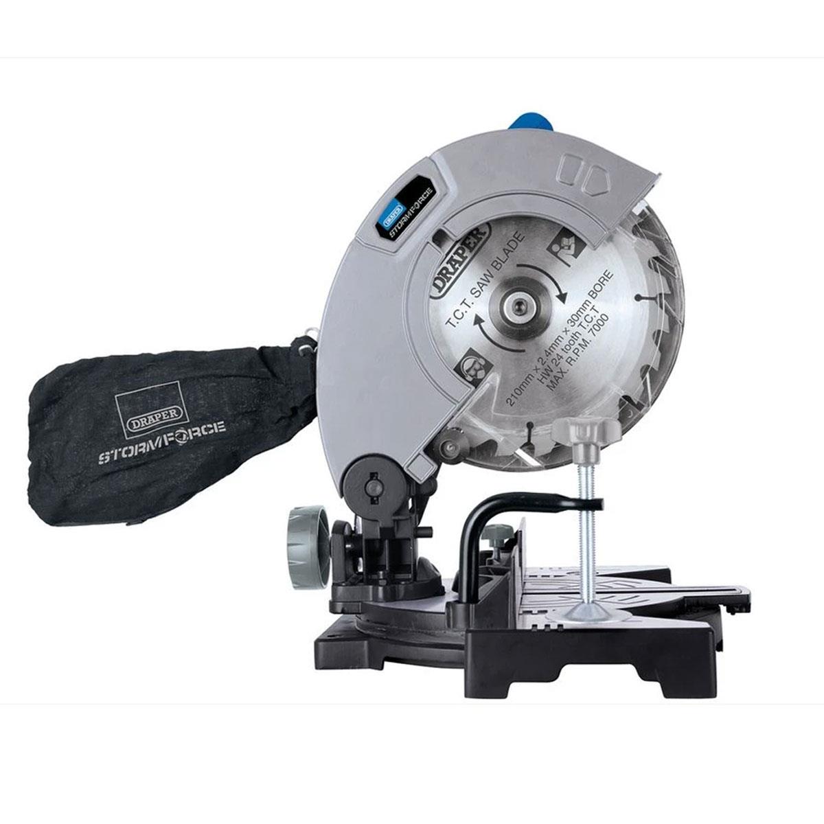 Draper Storm Force 210mm 1100W Mitre Saw 230V Corded 5500 RPM 24 TCT Blade 0-45° Bevel Blue - Image 2