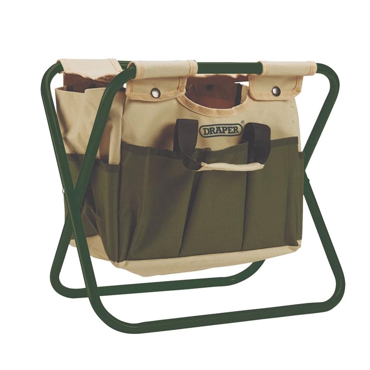Draper 2-in-1 Foldable Camping Chair & Tool Bag Green Steel Frame Oxford Fabric 8 Pockets 110kg