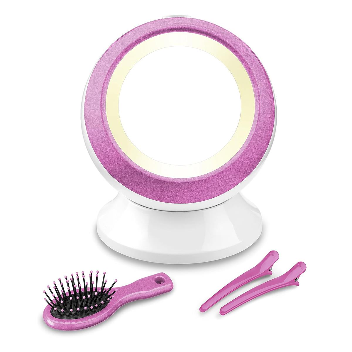 BaByliss Illuminated Globe Makeup Mirror 3x Magnification LED Surround Light Storage Brush And Clips White/Pink