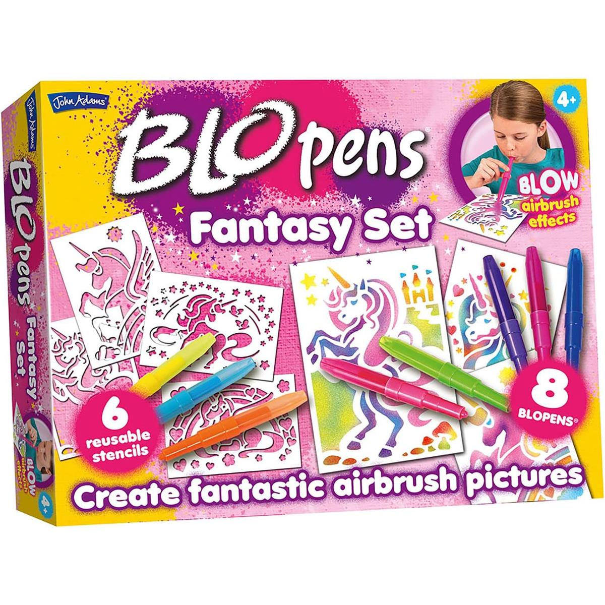 John Adams BLOPENS Fantasy Airbrush Art Kit 8 Washable Pens 6 Reusable Unicorn Stencils Non Toxic Ink Ages 4+