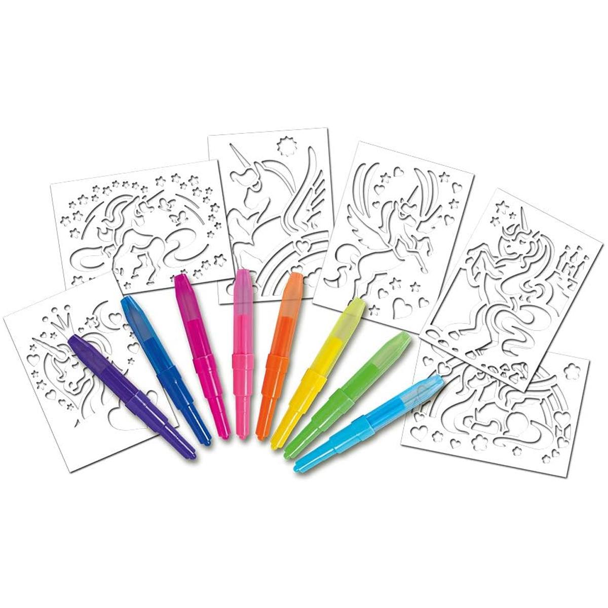 John Adams BLOPENS Fantasy Airbrush Art Kit 8 Washable Pens 6 Reusable Unicorn Stencils Non Toxic Ink Ages 4+ - Image 2