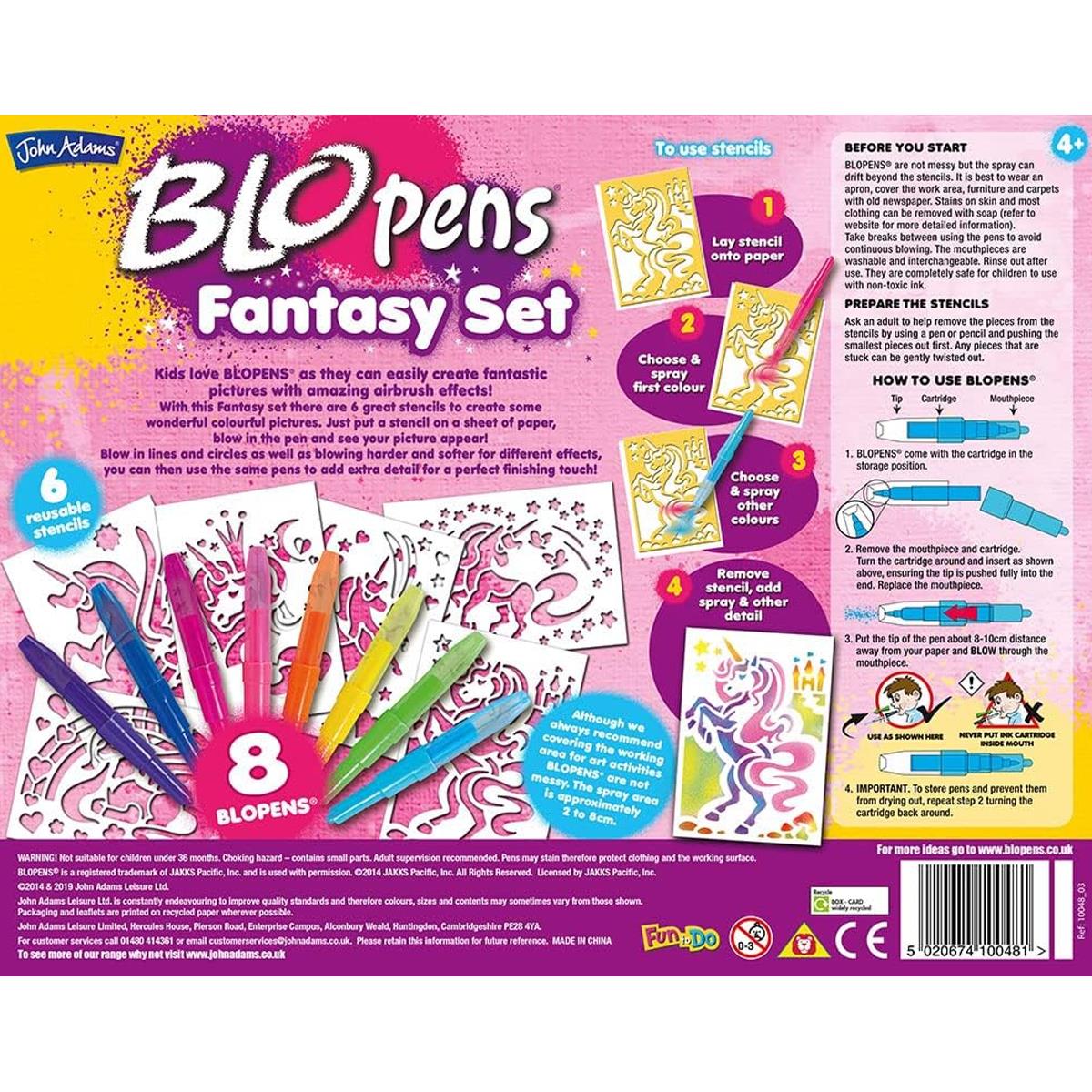 John Adams BLOPENS Fantasy Airbrush Art Kit 8 Washable Pens 6 Reusable Unicorn Stencils Non Toxic Ink Ages 4+ - Image 5