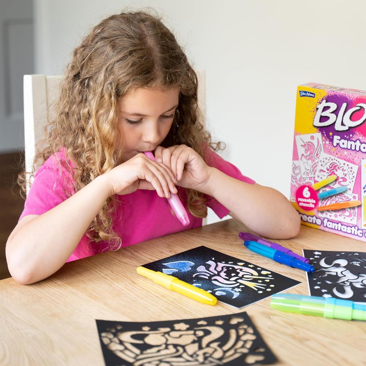 John Adams BLOPENS Fantasy Airbrush Art Kit 8 Washable Pens 6 Reusable Unicorn Stencils Non Toxic Ink Ages 4+ - Image 6