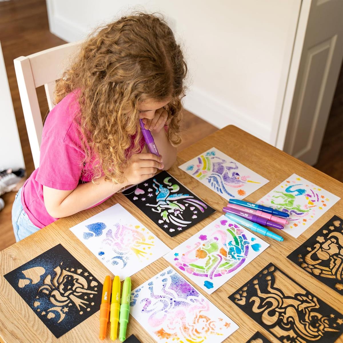 John Adams BLOPENS Fantasy Airbrush Art Kit 8 Washable Pens 6 Reusable Unicorn Stencils Non Toxic Ink Ages 4+ - Image 7