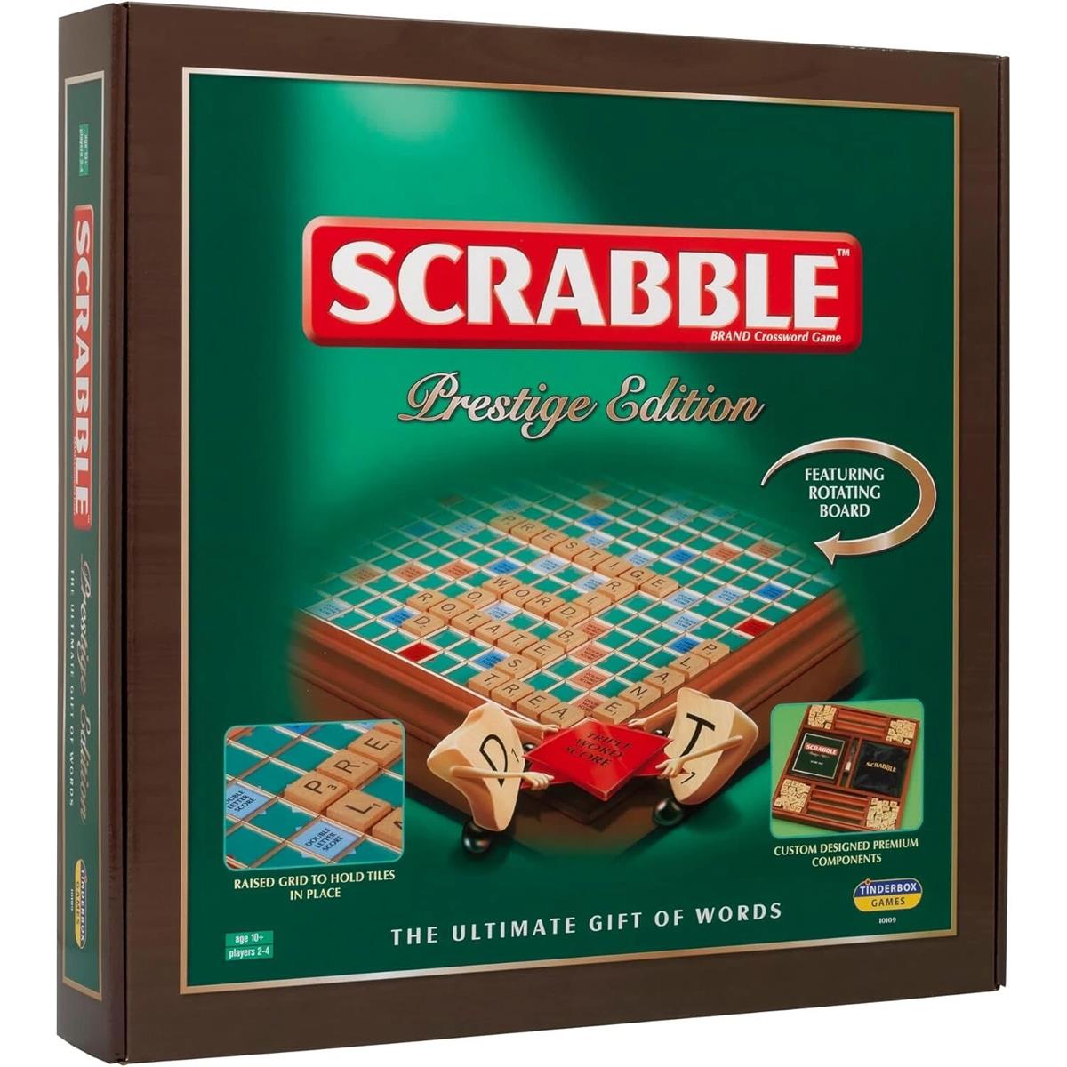 John Adams Tinderbox Scrabble Prestige Edition Wooden Rotating Board Raised Grid Wooden Tiles And Racks 2-4 Players Ages 10+