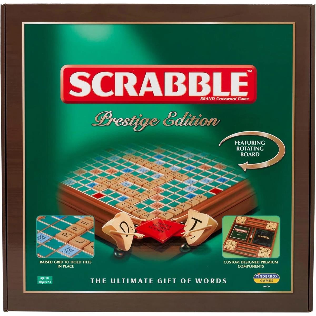 John Adams Tinderbox Scrabble Prestige Edition Wooden Rotating Board Raised Grid Wooden Tiles And Racks 2-4 Players Ages 10+ - Image 2
