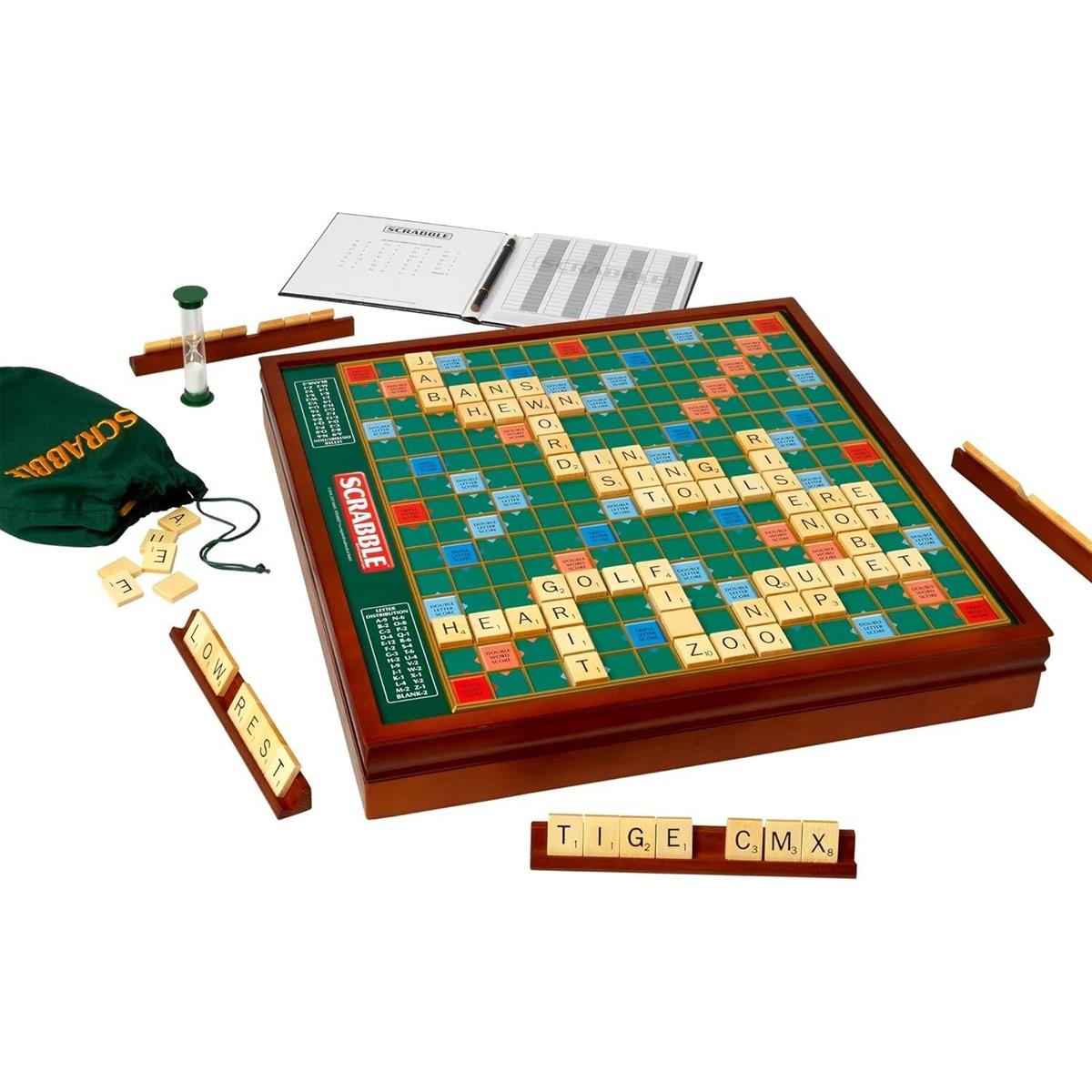 John Adams Tinderbox Scrabble Prestige Edition Wooden Rotating Board Raised Grid Wooden Tiles And Racks 2-4 Players Ages 10+ - Image 3