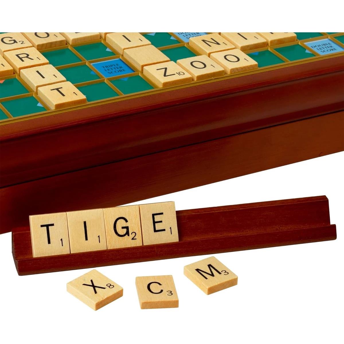 John Adams Tinderbox Scrabble Prestige Edition Wooden Rotating Board Raised Grid Wooden Tiles And Racks 2-4 Players Ages 10+ - Image 4
