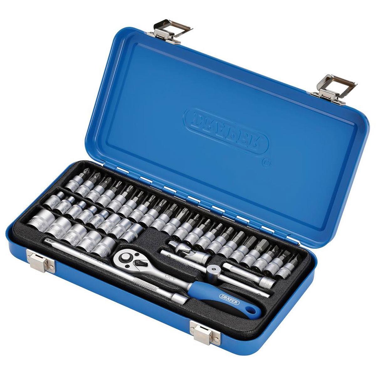 Draper 1/4in Square Drive Metric Socket Set 38 Piece Chrome Vanadium Steel with 72 Tooth Ratchet and Metal Case
