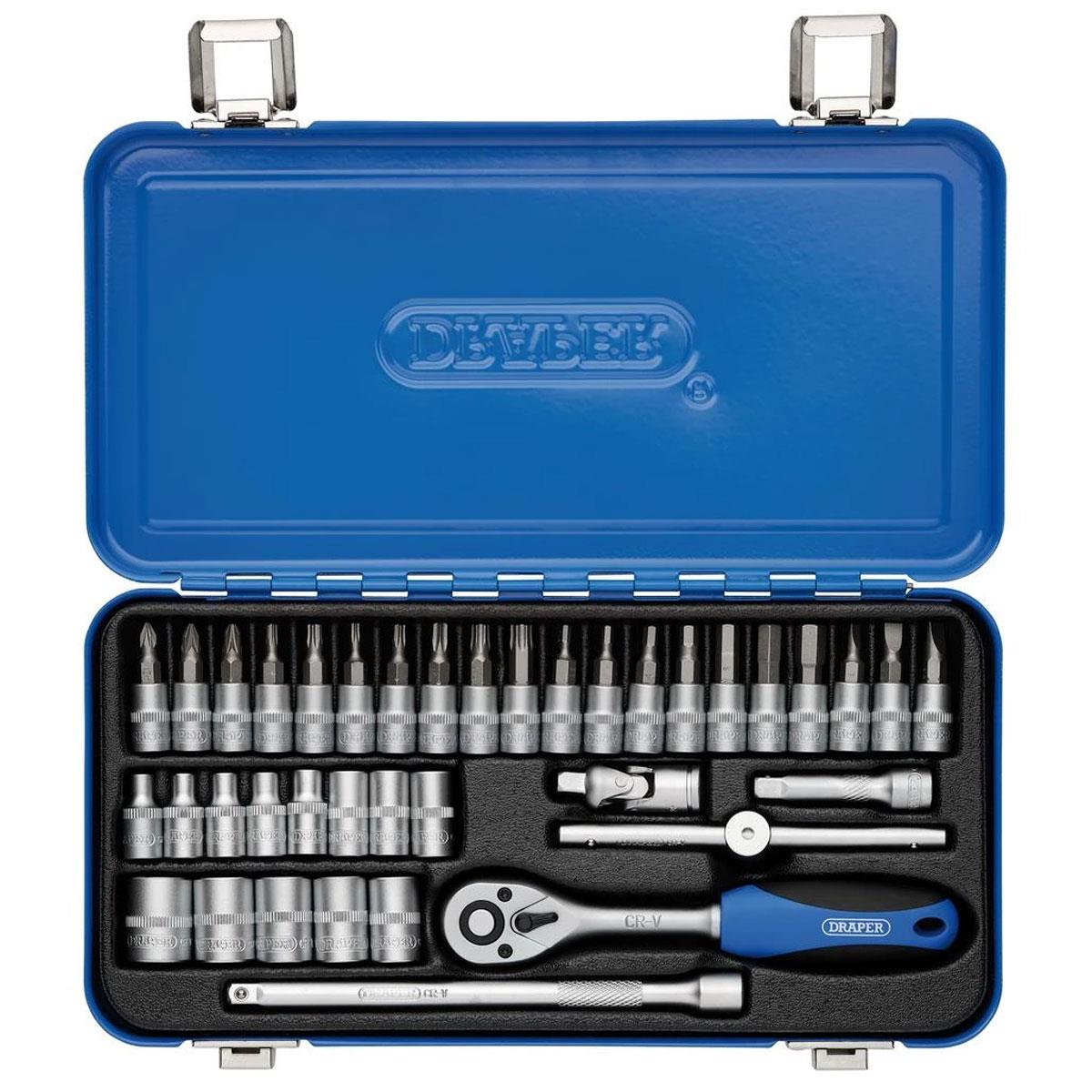 Draper 1/4in Square Drive Metric Socket Set 38 Piece Chrome Vanadium Steel with 72 Tooth Ratchet and Metal Case - Image 2