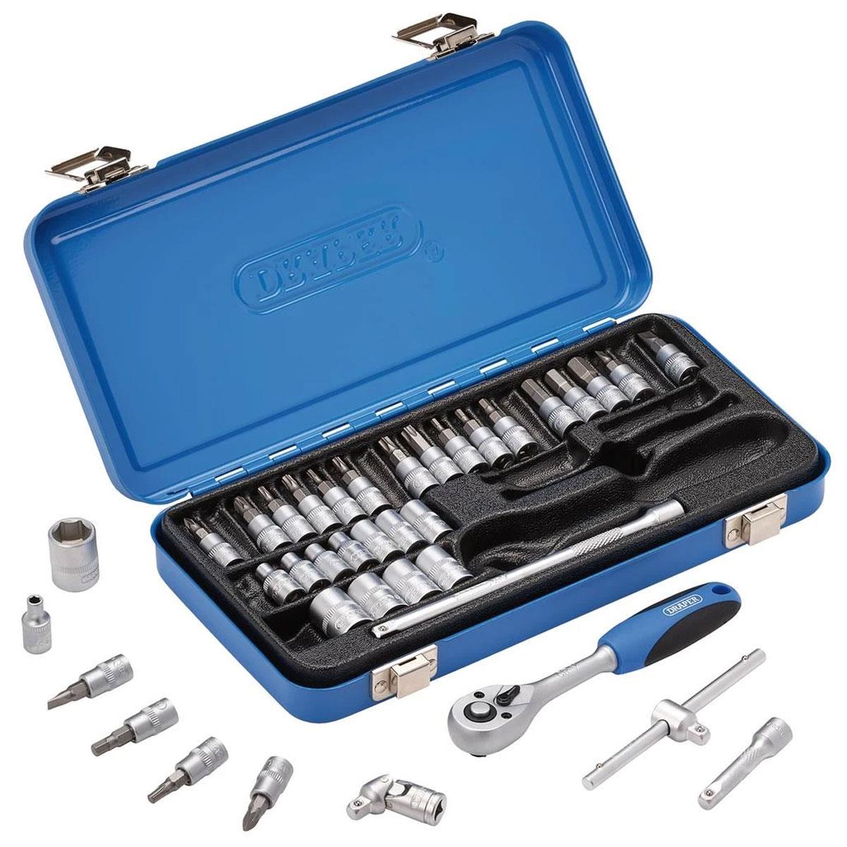 Draper 1/4in Square Drive Metric Socket Set 38 Piece Chrome Vanadium Steel with 72 Tooth Ratchet and Metal Case - Image 3