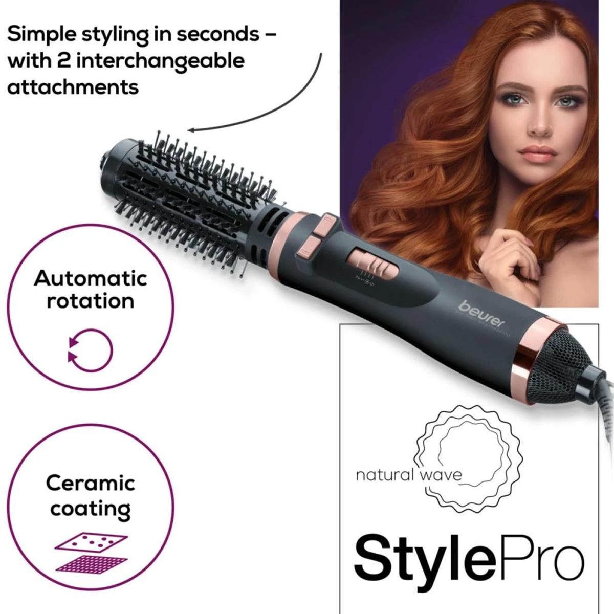 Beurer Rotating Hot Air Brush 1000W Ceramic Styling Brush Ionic Hair Dryer And Volumizer 2 Attachments Black - Image 2