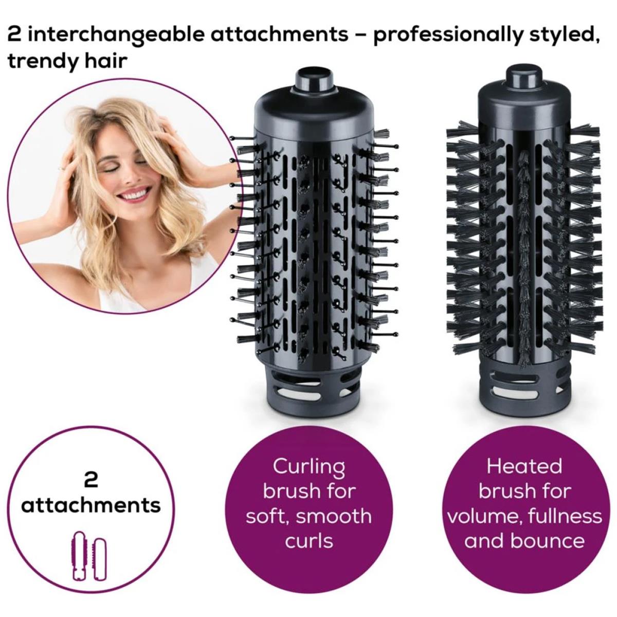 Beurer Rotating Hot Air Brush 1000W Ceramic Styling Brush Ionic Hair Dryer And Volumizer 2 Attachments Black - Image 6