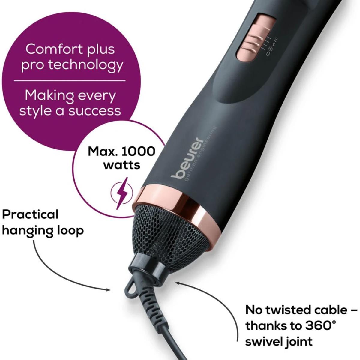 Beurer Rotating Hot Air Brush 1000W Ceramic Styling Brush Ionic Hair Dryer And Volumizer 2 Attachments Black - Image 8