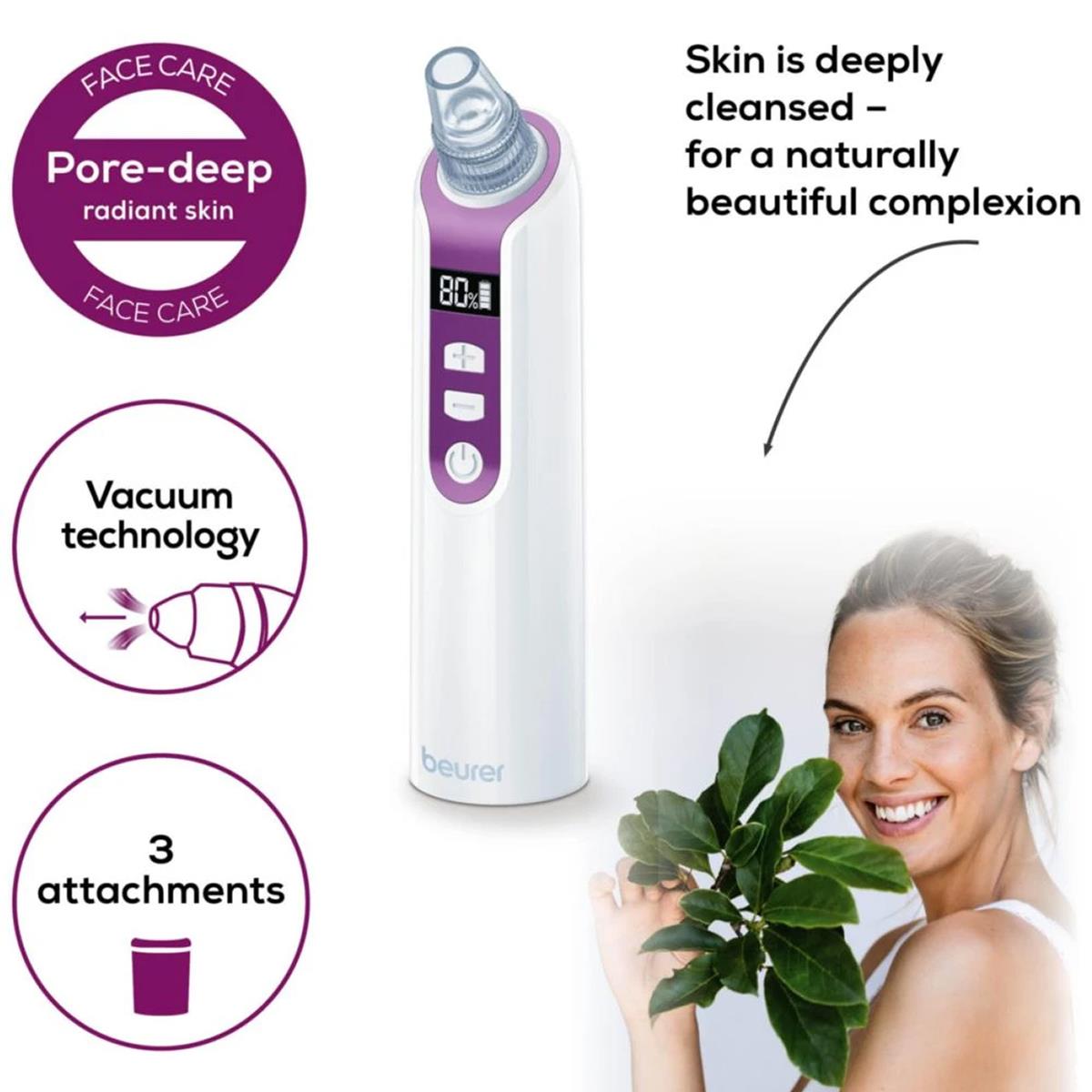 Beurer Pore Cleaner Facial Blackhead Remover With Vacuum Technology 3 Attachments 5 Intensity Levels LCD Display Purple - Image 3