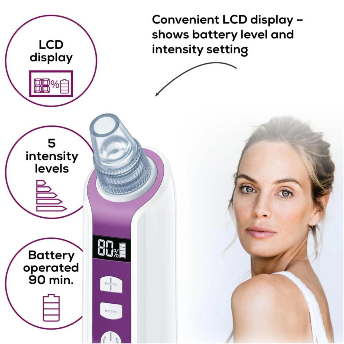 Beurer Pore Cleaner Facial Blackhead Remover With Vacuum Technology 3 Attachments 5 Intensity Levels LCD Display Purple - Image 5