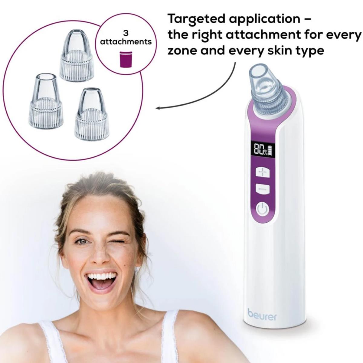 Beurer Pore Cleaner Facial Blackhead Remover With Vacuum Technology 3 Attachments 5 Intensity Levels LCD Display Purple - Image 6