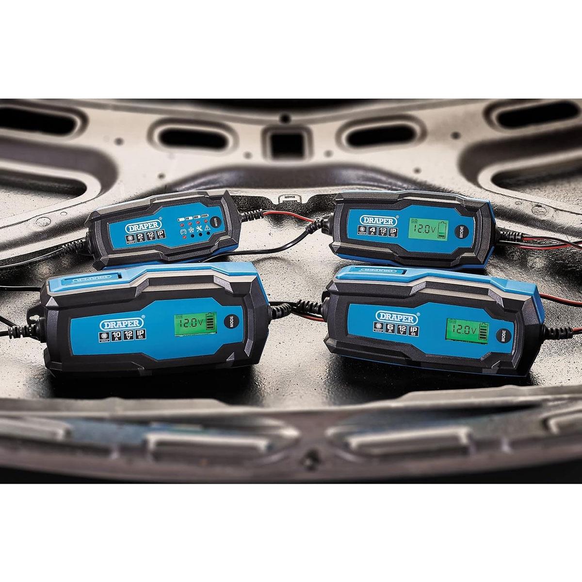 Draper 6V/12V Smart Battery Charger & Maintainer 4A 10-Step Blue and Black - Image 3