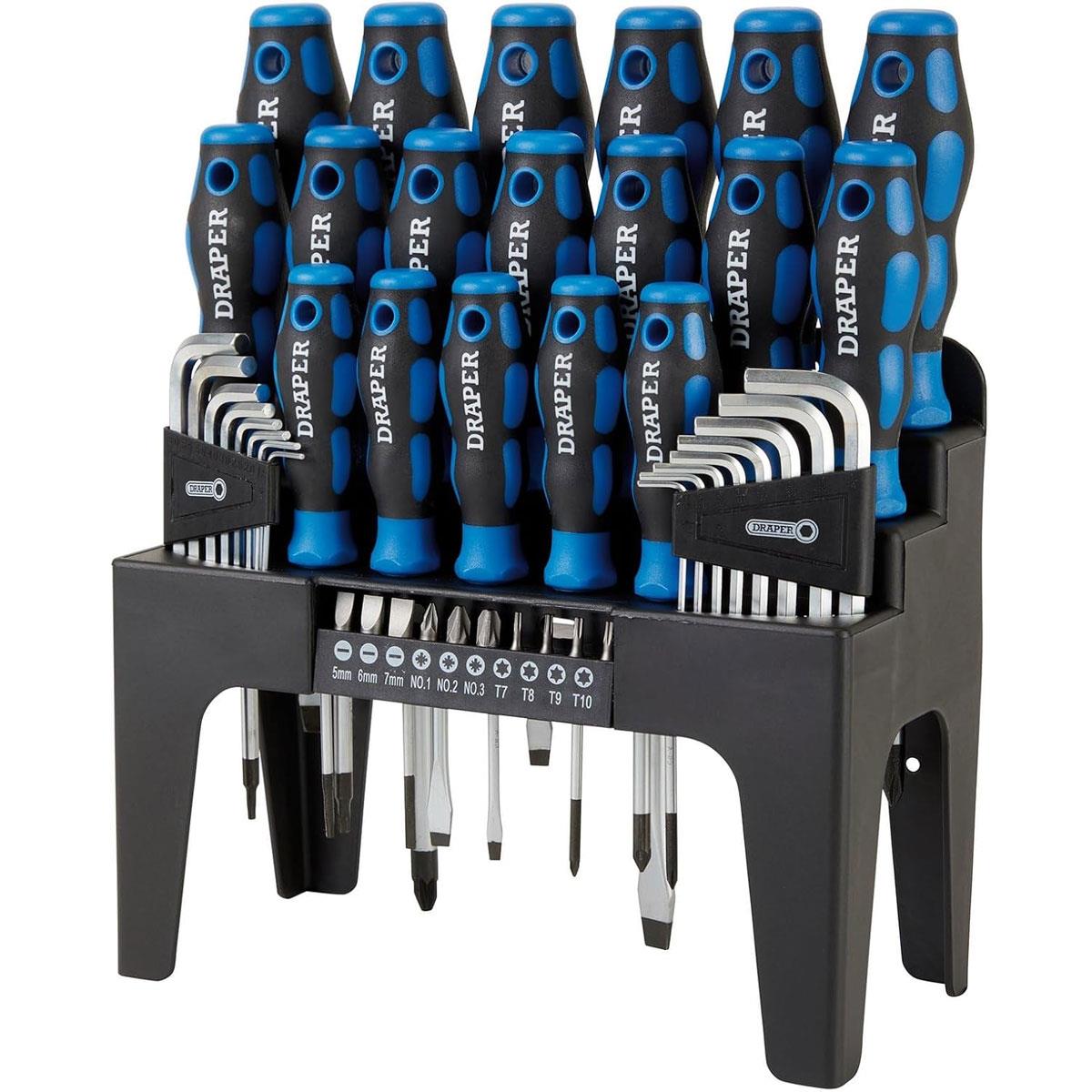 Draper 44 Piece Screwdriver Hex Key & Bit Set with Soft Grip Handles Chrome Vanadium Steel & Stand