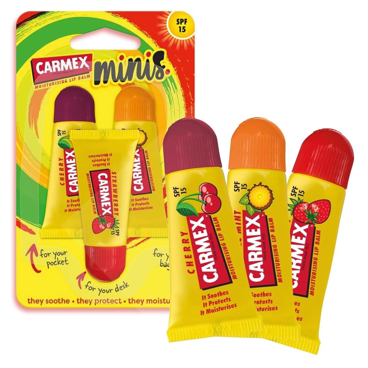 Carmex Minis Lip Balm 3 Pack SPF 15 Cherry Strawberry And Pineapple Mint Flavours