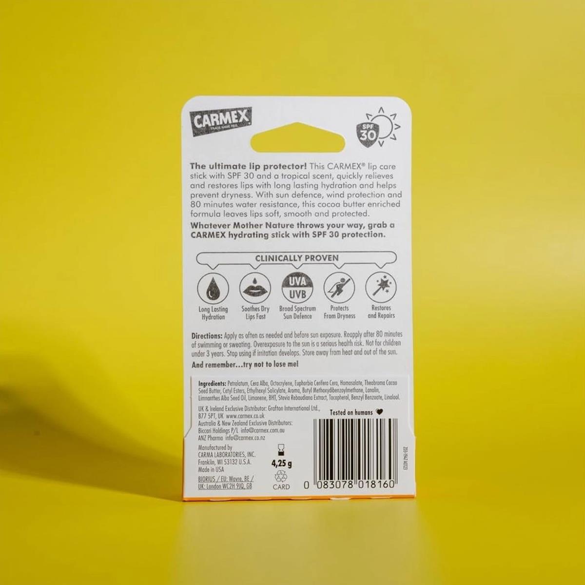 Carmex Sun Defense Lip Balm Stick SPF 30 Tropical Moisturising UVA And UVB Protection - Image 3