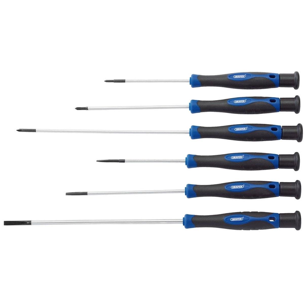 Draper Extra Long Precision Screwdriver Set 6 Piece Chrome Vanadium Steel Soft Grip Handles Blue