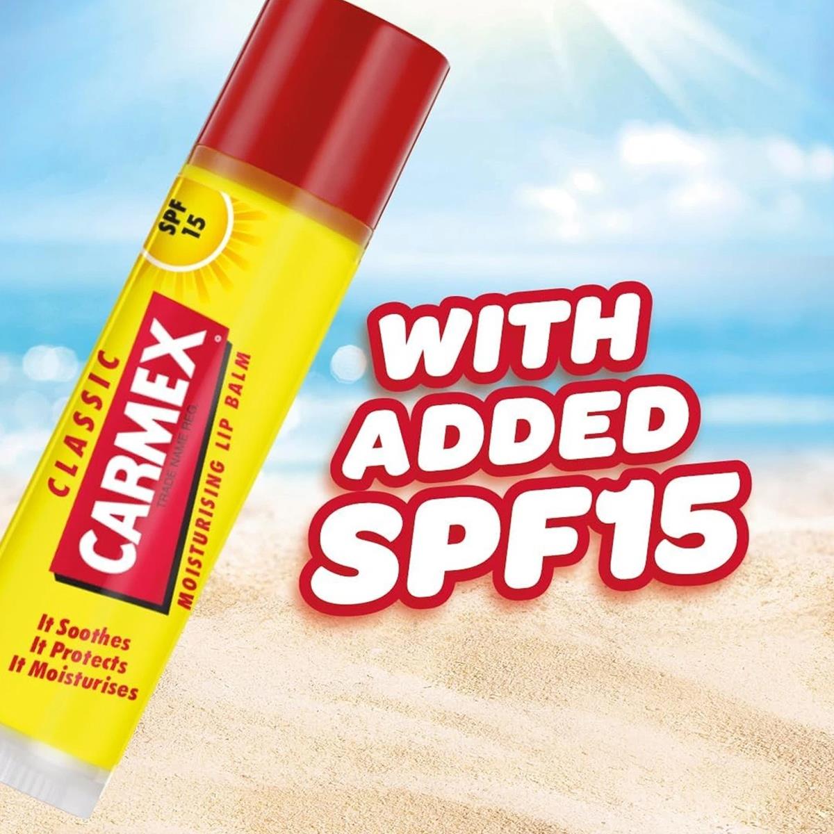 Carmex SPF15 Lip Balm Stick Moisturising Dry Chapped Lips Sun Protection Clear - Image 3