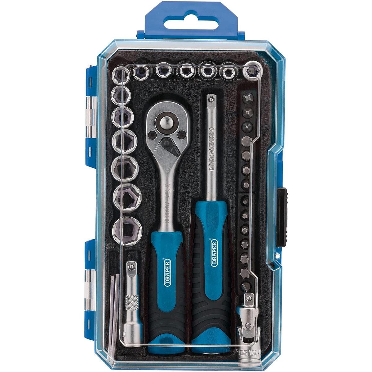 Draper 1/4 Inch Square Drive Socket Set 35 Piece Chrome Vanadium Steel Ratchet Sockets & Bits