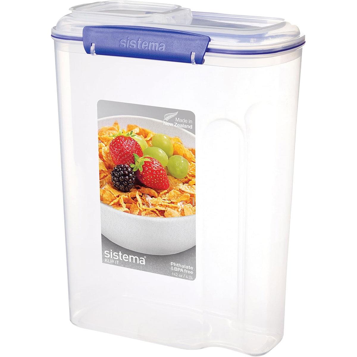 Sistema KLIP IT PLUS Cereal Storage Container 4.2L BPA-Free Plastic Clear with Blue Clips Airtight Easy-Pour Lid