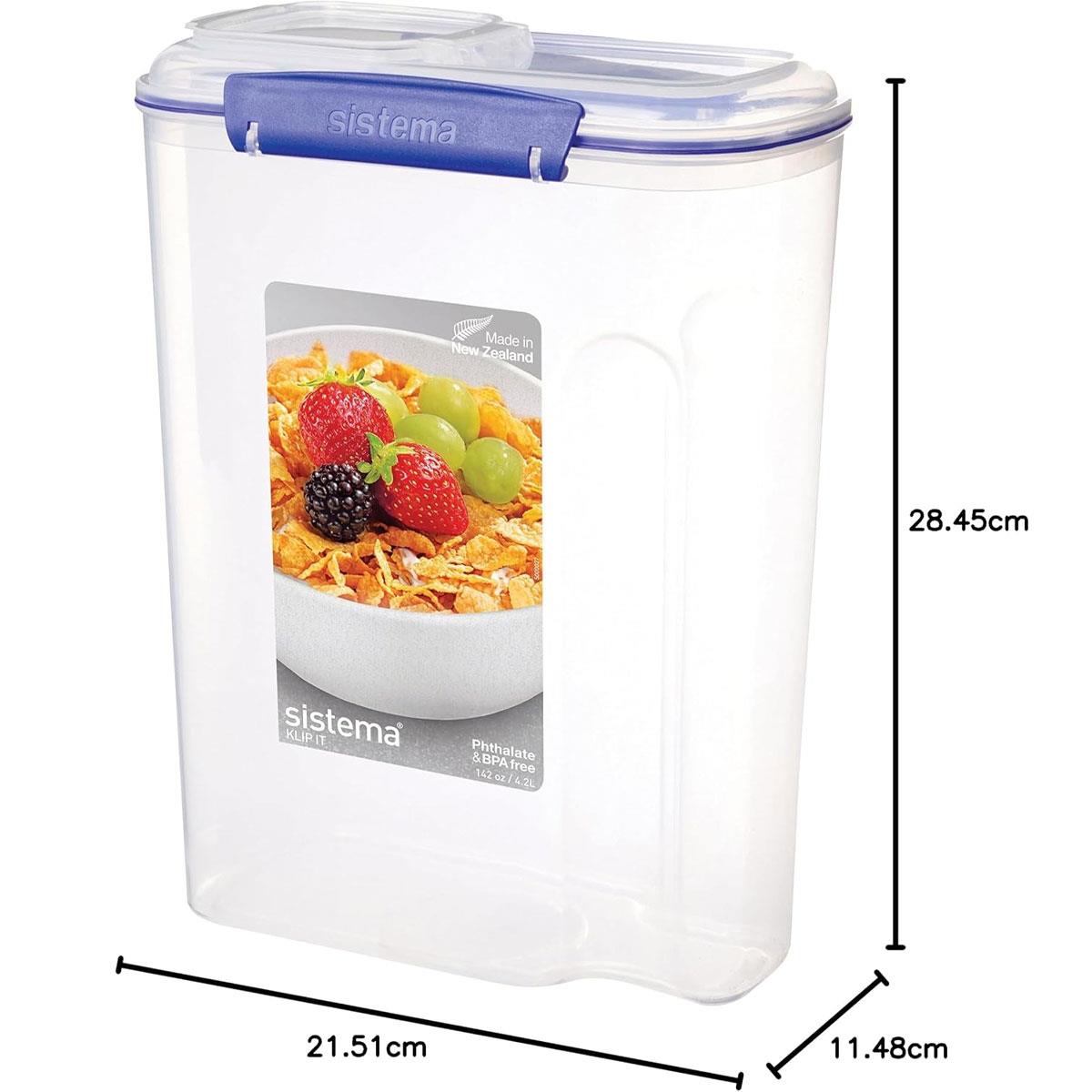 Sistema KLIP IT PLUS Cereal Storage Container 4.2L BPA-Free Plastic Clear with Blue Clips Airtight Easy-Pour Lid - Image 2