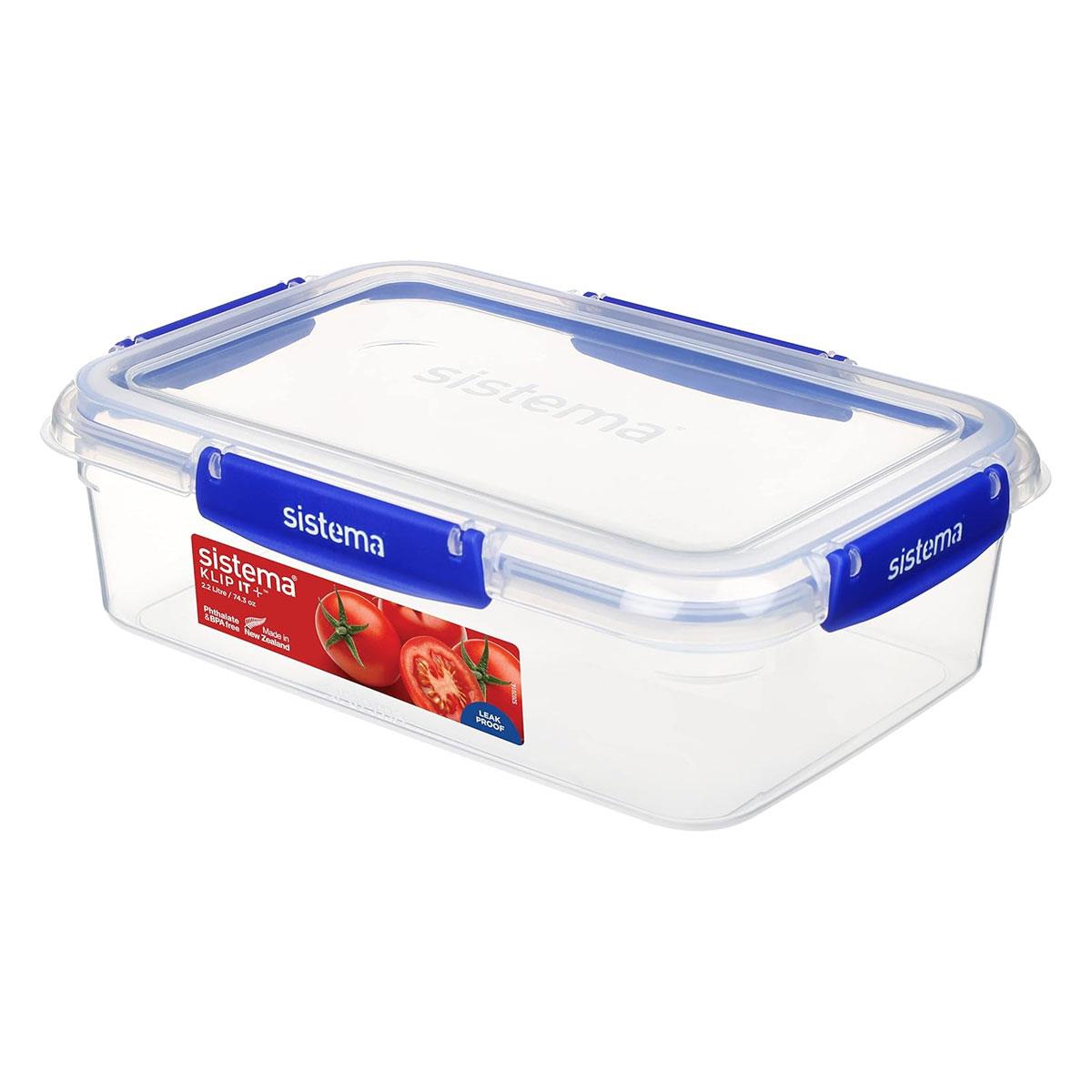 Sistema KLIP IT PLUS Food Storage Container 2.2L Rectangle with Clip-On Lid Leak Resistant BPA Free Blue/Clear