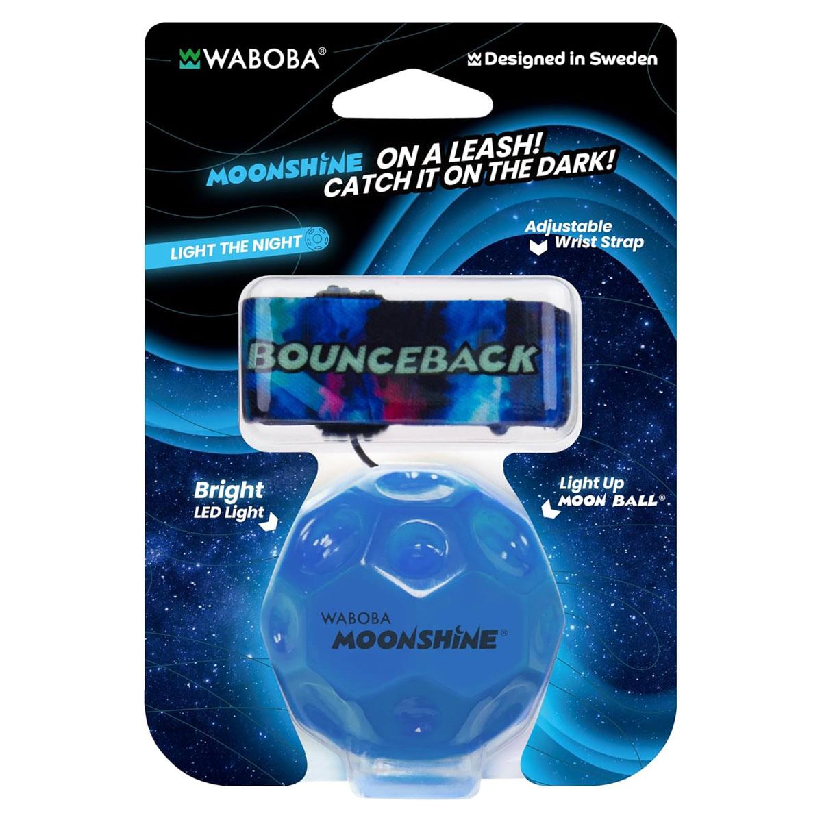 Waboba LED Bounceback Moon Ball with Wrist Strap High-Bounce Tether Ball Motion-Activated Lights Blue