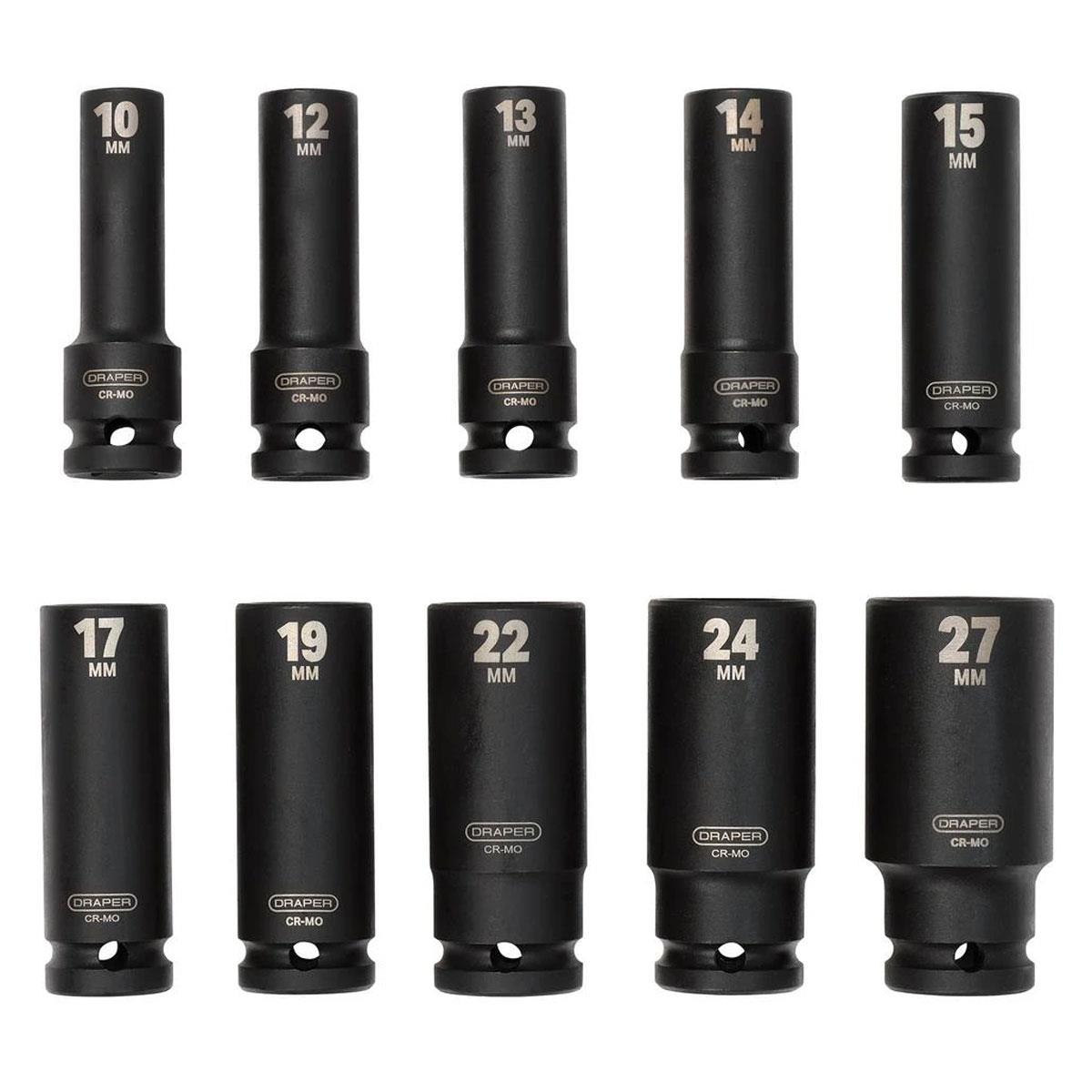 Draper Metric Deep Impact Socket Set 1/2-Inch Square Drive 10-Piece Chrome Vanadium Steel 10-27mm Black - Image 4