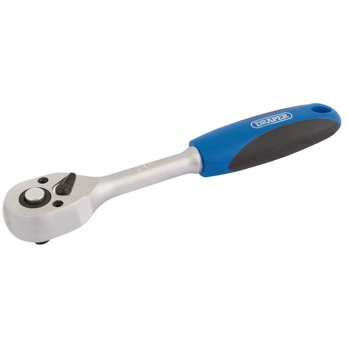Draper 1/4 Inch Drive 72 Tooth Reversible Soft Grip Ratchet Chrome Vanadium Steel Blue 155mm