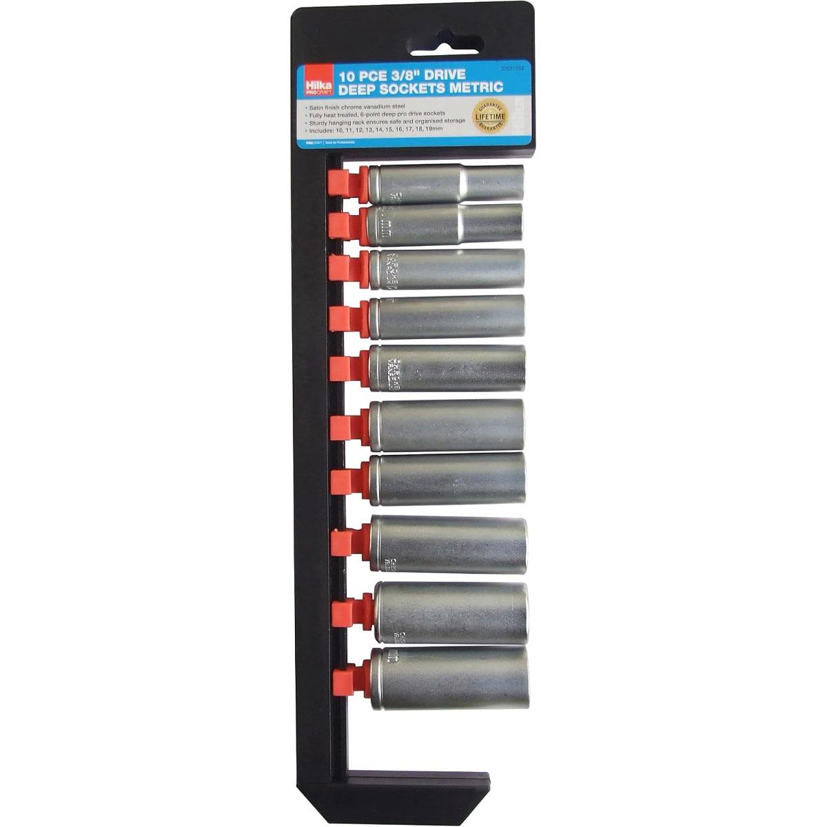 Hilka Pro Craft 3/8-Inch Deep Metric Socket Set 10-Piece Chrome Vanadium Steel 10-19mm 6-Point