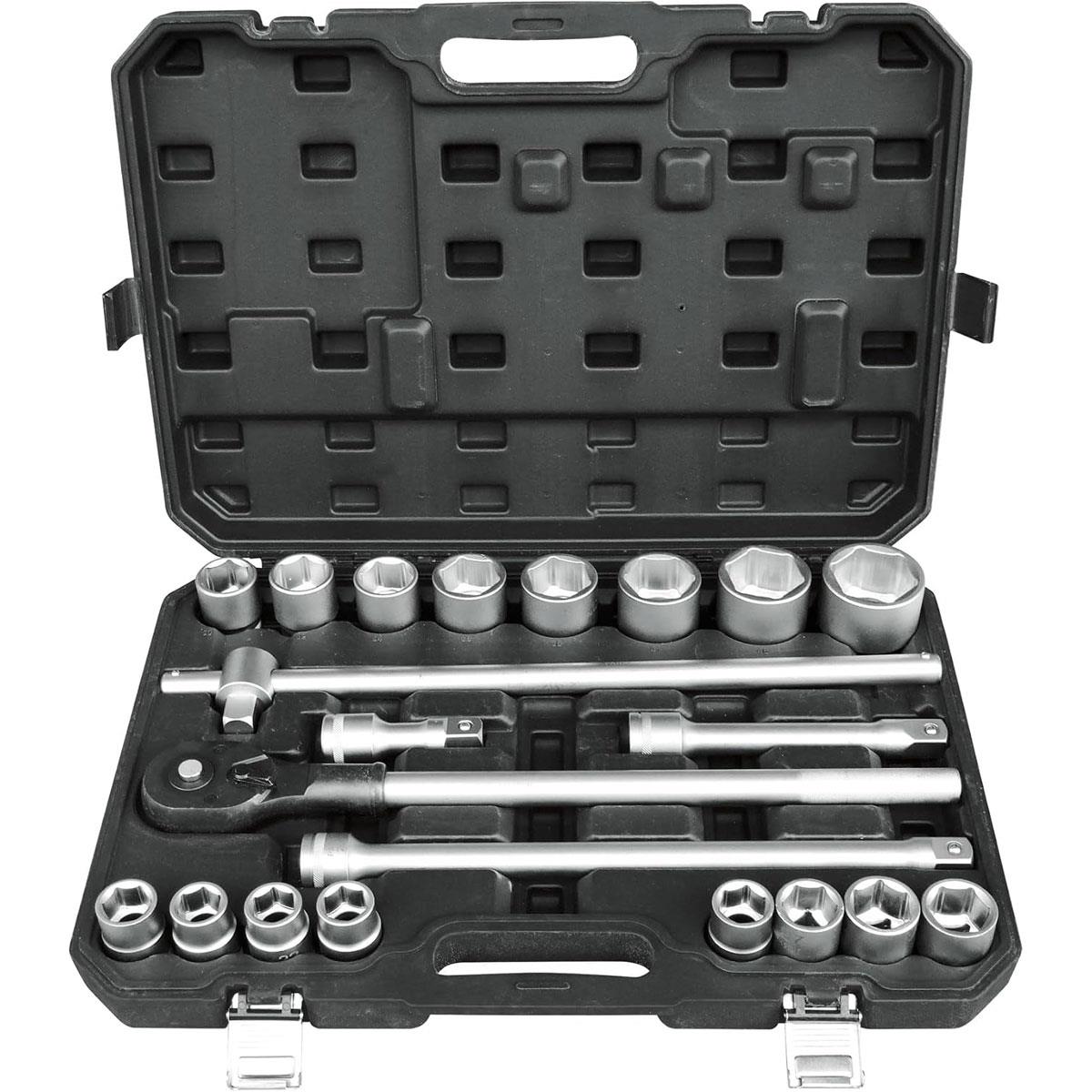 Hilka 21 Piece 3/4 Inch Drive Metric Socket Set Chrome Vanadium Steel 19-50mm 72-Tooth Ratchet T-Bar & Extensions