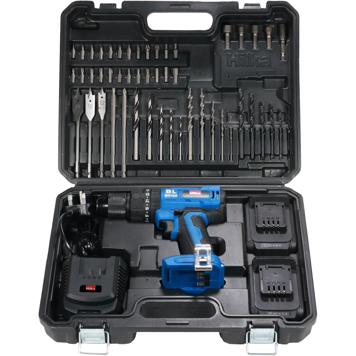 Hilka 18V Brushless Combi Drill 55Nm 2 x 2.0Ah Batteries 50-Piece Accessory Set