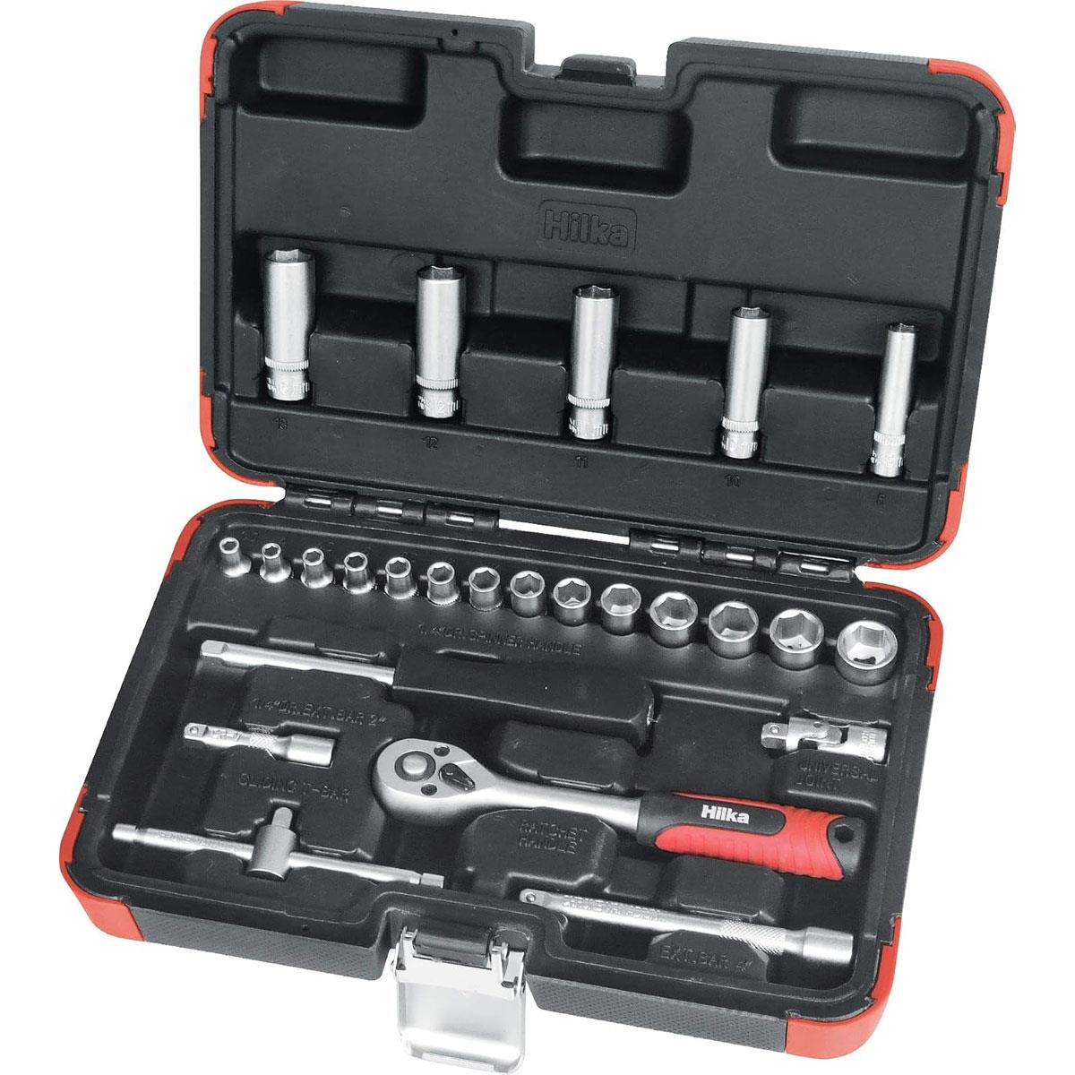 Hilka 25 Piece 1/4-Inch Drive Metric Socket Set 6-Point Chrome Vanadium Steel with 72-Tooth Ratchet and Case
