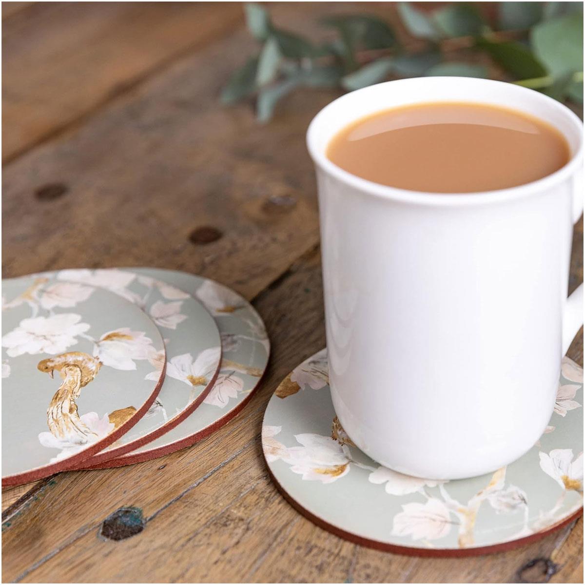 Creative Tops Duck Egg Floral Bird Cork-Back Round Coasters Set of 4 12cm Multi-Colour - Image 2