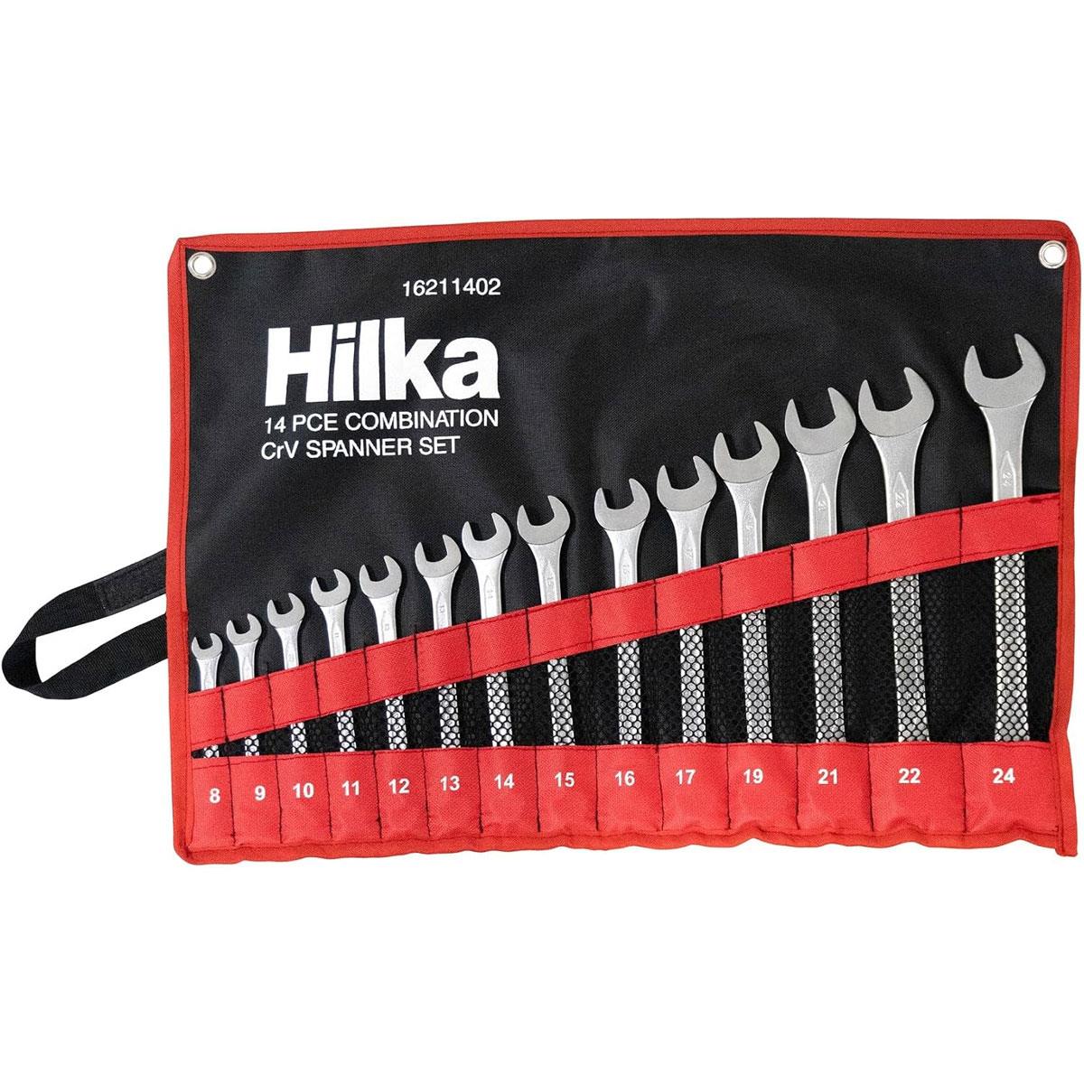 Hilka 14 Piece Metric Combination Spanner Set 8-24mm Chrome Vanadium Steel Roll-Up Pouch