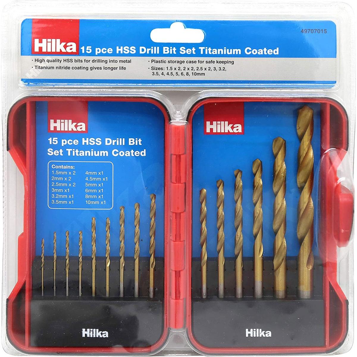 Hilka HSS Drill Bit Set 15 Piece Titanium Coated Metric Metal Drill Bits 1.5-10mm
